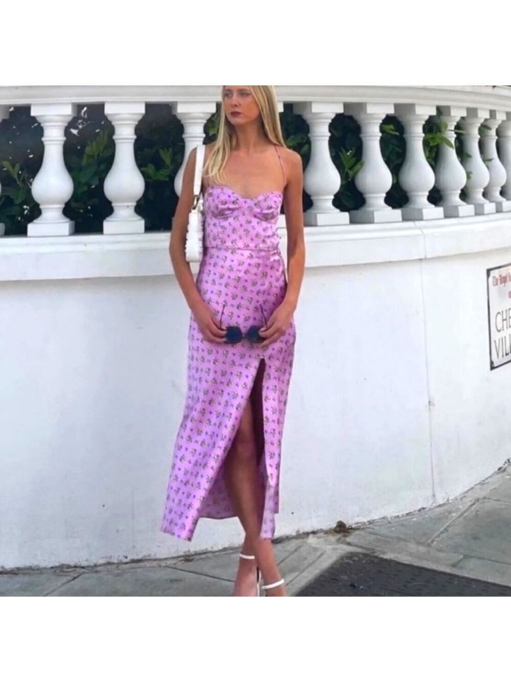 Women's Lilac Floral Midi Slip Dress with Front Slit